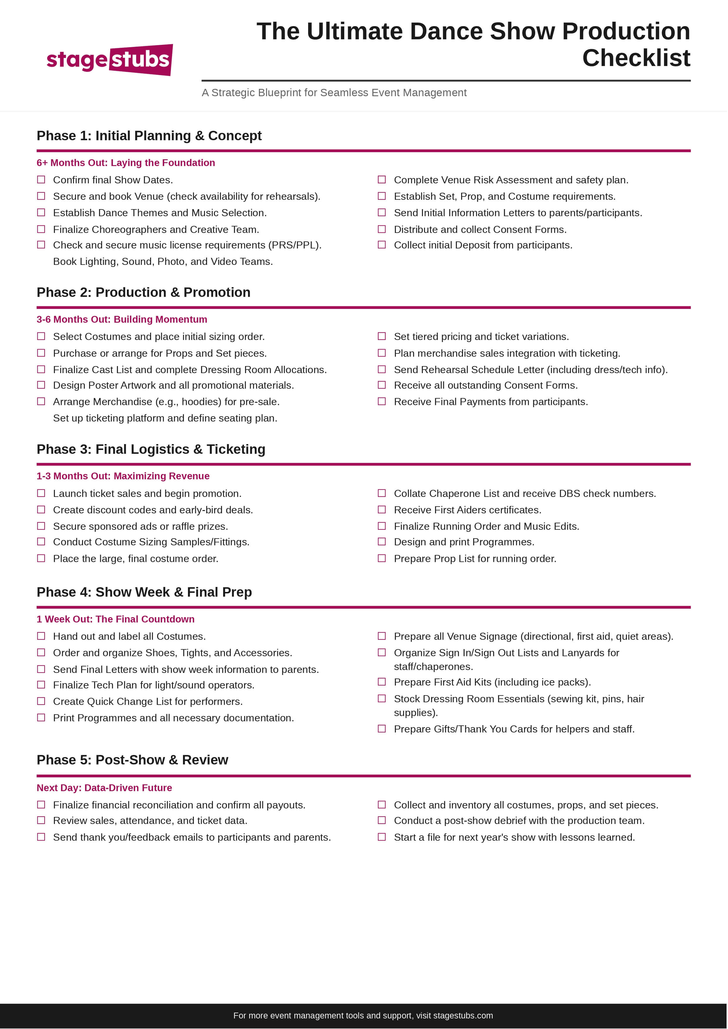 Dance Recital Planning Checklist - A comprehensive guide covering venue booking, ticket sales, costumes, rehearsals, and show day logistics